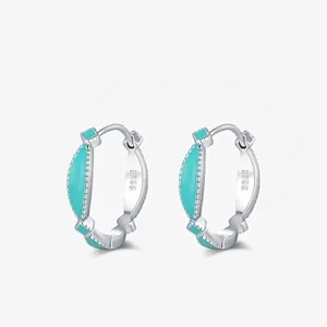 S925 Sterling Silver Enamel Hoop Earrings For Women Mint Green Geometric Rhinestone Inlaid Fresh Ins Style Ear Buckle Piercing Jewelry