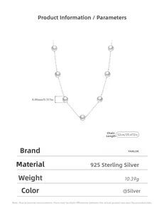 Detail of S925 sterling silver necklace showing 8mm pearls and 52cm chain dimensions