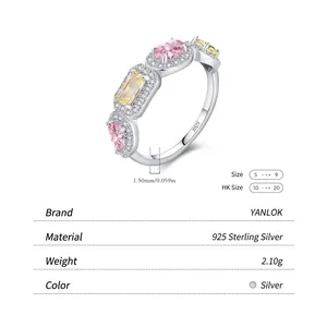 Bague en argent sterling S925 avec pierres roses et jaunes et micro diamants fins