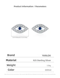 Detailed view of S925 sterling silver evil eye stud earrings with blue cubic zirconia