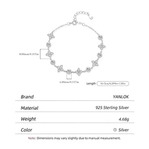 S925 sterling silver four-leaf clover bracelet with sparkling pavé cubic zirconia