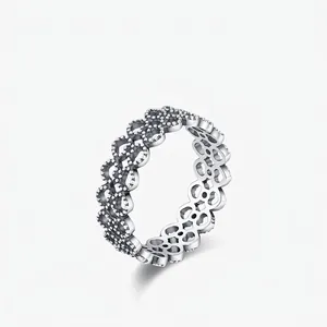 S925 Sterling Silver Vintage Lace Openwork Heart Ring For Women Retro Oxidized Milgrain Band Finger Ring Jewelry Gift