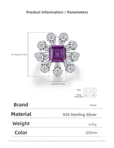 Macro detail of S925 silver ring with violet main stone and petal design dimensions