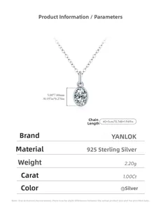 Detailed spec sheet for 925 sterling silver 1ct moissanite necklace with 40+5cm chain