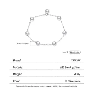 Bracciale in argento S925 con perle da 8mm e catena regolabile lunga 21cm per donna