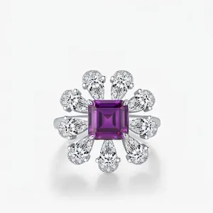 Elegant 925 Sterling Silver Violet Zirconia Flower Ring Luxurious Square Stone Floral Finger Ring Jewelry For Women
