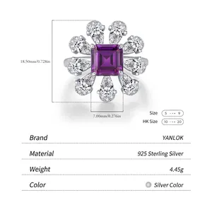S925 sterling silver ring featuring violet square zircon surrounded by white petal stones