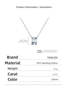 Detail view of 1ct emerald cut moissanite pendant with S925 sterling silver chain specs