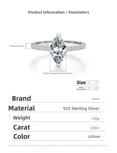 Detailed view of 1ct marquise cut moissanite ring with S925 silver band measurements