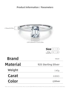 Detailed specs of 0.8ct emerald cut moissanite ring with S925 sterling silver stamp