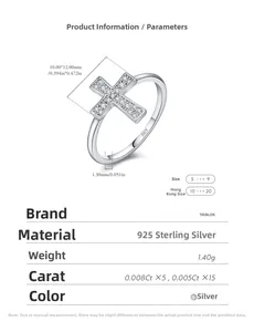Technical diagram of S925 sterling silver cross ring with detailed size measurements