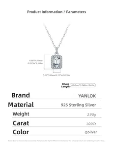 Detail of 1 carat emerald cut moissanite pendant in S925 sterling silver with specs