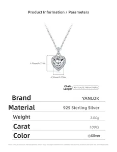 Vue macro du pendentif moissanite coeur 1ct avec spécifications de chaîne en argent S925