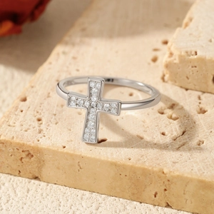Elegant S925 sterling silver cross ring with D color moissanite accents on stone pedestal