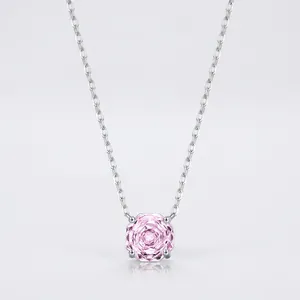 S925 Sterling Silver Pink Octagon Cut Zirconia Pendant Necklace For Women Elegant Sweet Clavicle Chain Fashion Jewelry Gift