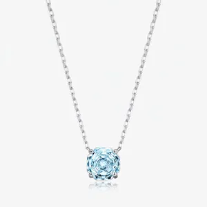 925 Sterling Silver Octagon Light Blue Rhinestone Pendant Necklace For Women Elegant Clavicle Chain Jewelry Gift Item