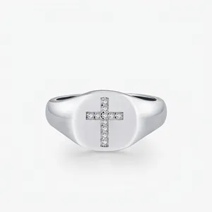 YANLOK 925 Sterling Silver Moissanite Cross Signet Ring For Women Hip Hop Mirror Texture Inlaid Ring With Certificate