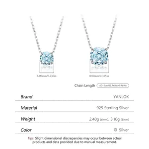 S925 sterling silver light blue octagon cut gemstone necklace with adjustable chain