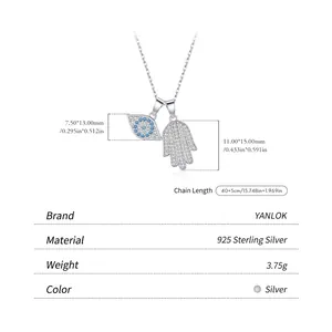 S925 Sterling Silber Hamsa Hand und Evil Eye Halskette mit Zirkonia-Pavé für Damen