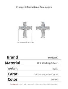 Detailed size chart for S925 sterling silver cross stud earrings with moissanite accents