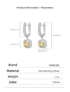 S925 sterling silver drop earrings with yellow square crystal and size measurements