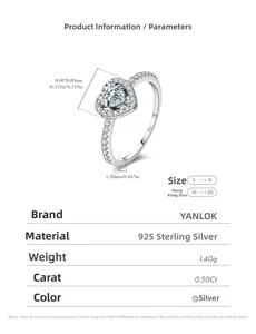 Detail view of 925 sterling silver heart ring with 0.5ct moissanite and size specs