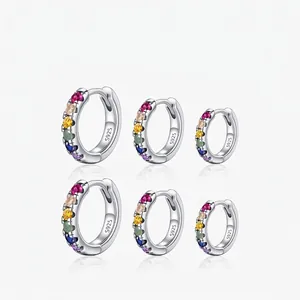 925 Sterling Silver Rainbow Zirconia Hoop Earrings For Women Multi Color Crystal Gradient Huggie Earrings Jewelry Gift