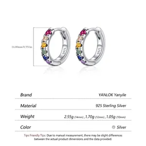 Rainbow gemstone S925 sterling silver hoop earrings in 14mm size with multi-color zircons