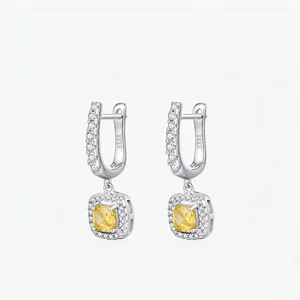 925 Sterling Silver Yellow Zirconia Square Huggie Earrings French Luxury Elegant Inlaid Drop Earrings For Women Jewelry Gift