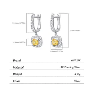 Elegant S925 sterling silver hoop earrings with yellow cushion-cut crystals and dimensions