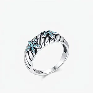 925 Sterling Silver Vintage Distressed Wavy Texture Ring With Synthetic Turquoise Starfish Floral Decor For Women Jewelry