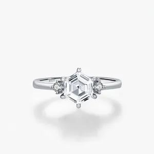 Elegant 925 Sterling Silver Hexagon Cut Rhinestone Ring For Women Geometric Light Luxury Engagement Finger Ring Jewelry
