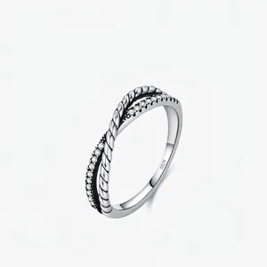 Retro Chic 925 Sterling Silver Cross Wrapped Twist Ring For Women Minimalist Inlaid Rhinestone Fine Finger Jewelry Gift