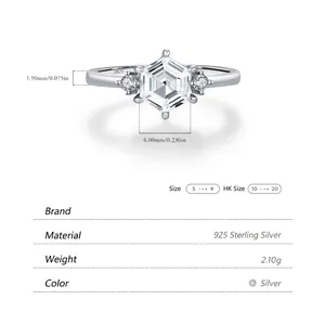 S925 sterling silver ring with hexagonal emerald cut stone and side accent diamonds