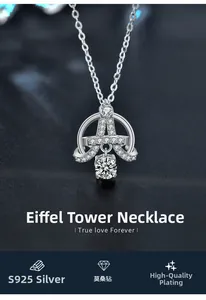 Détail macro du pendentif Tour Eiffel en argent S925 avec moissanite étincelante