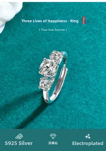 Macro shot of S925 sterling silver ring featuring three moissanite stones on green fabric