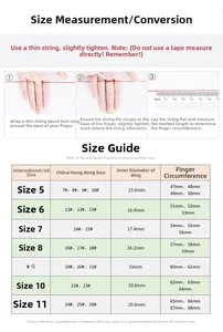 Size guide with measurement steps and US 5-11 ring size comparison chart for silver rings