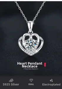 Detailed close-up of S925 sterling silver heart pendant necklace with moissanite center stone