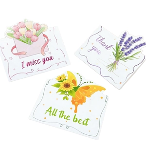 Three assorted floral greeting cards with I Miss You, Thank You, and All the Best messages