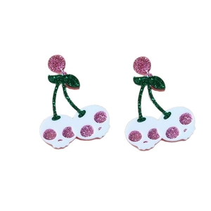 Creative Halloween glitter cherry skull earrings with pink and green accents on white base