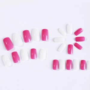 Detail of glossy rose red and white square-oval press-on nails set on plain background