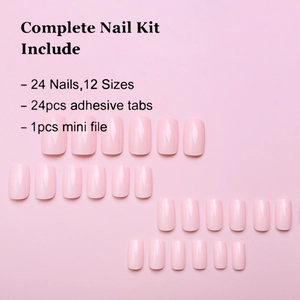 Pink press-on nail kit featuring 24 glossy pieces in 12 sizes with glue and file