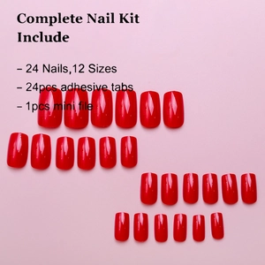 Detailed kit view of glossy red press-on nails with adhesive tabs and nail file tools