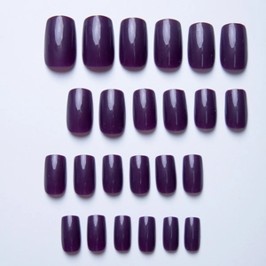 Macro display of 24pcs deep purple glossy medium square press-on nails on white background