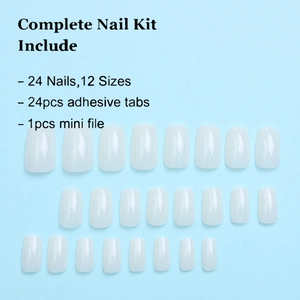 Detailed set of 24 translucent white press-on nails with adhesive tabs and nail file kit