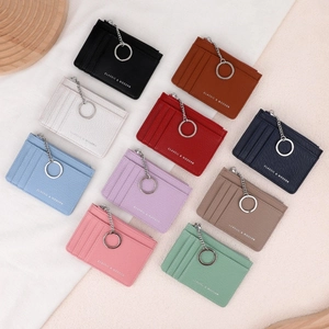 Slim crossgrain leather card holder with zipper pocket and metal keychain in 10 colors