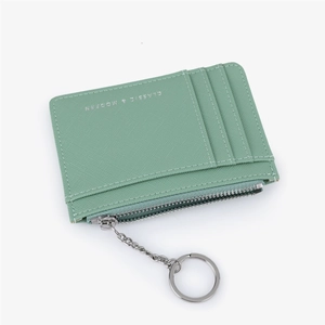 Mint green crossgrain leather mini wallet with four card slots and keychain ring