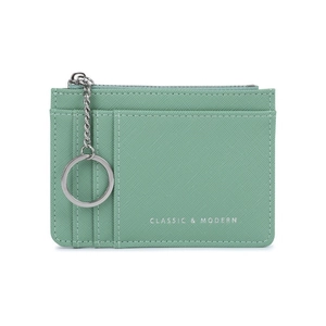 Slim cross-grain leather card holder with zipper pocket and keychain in sage green