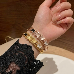 Bracelet Jonc Papillon Acier Titane Avec Coquille Émail Et Zircon Double Couche Givré Bijoux Mode Pour Femmes