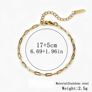 Detail view of 18K gold plated paperclip chain bracelet with dimensions and weight info